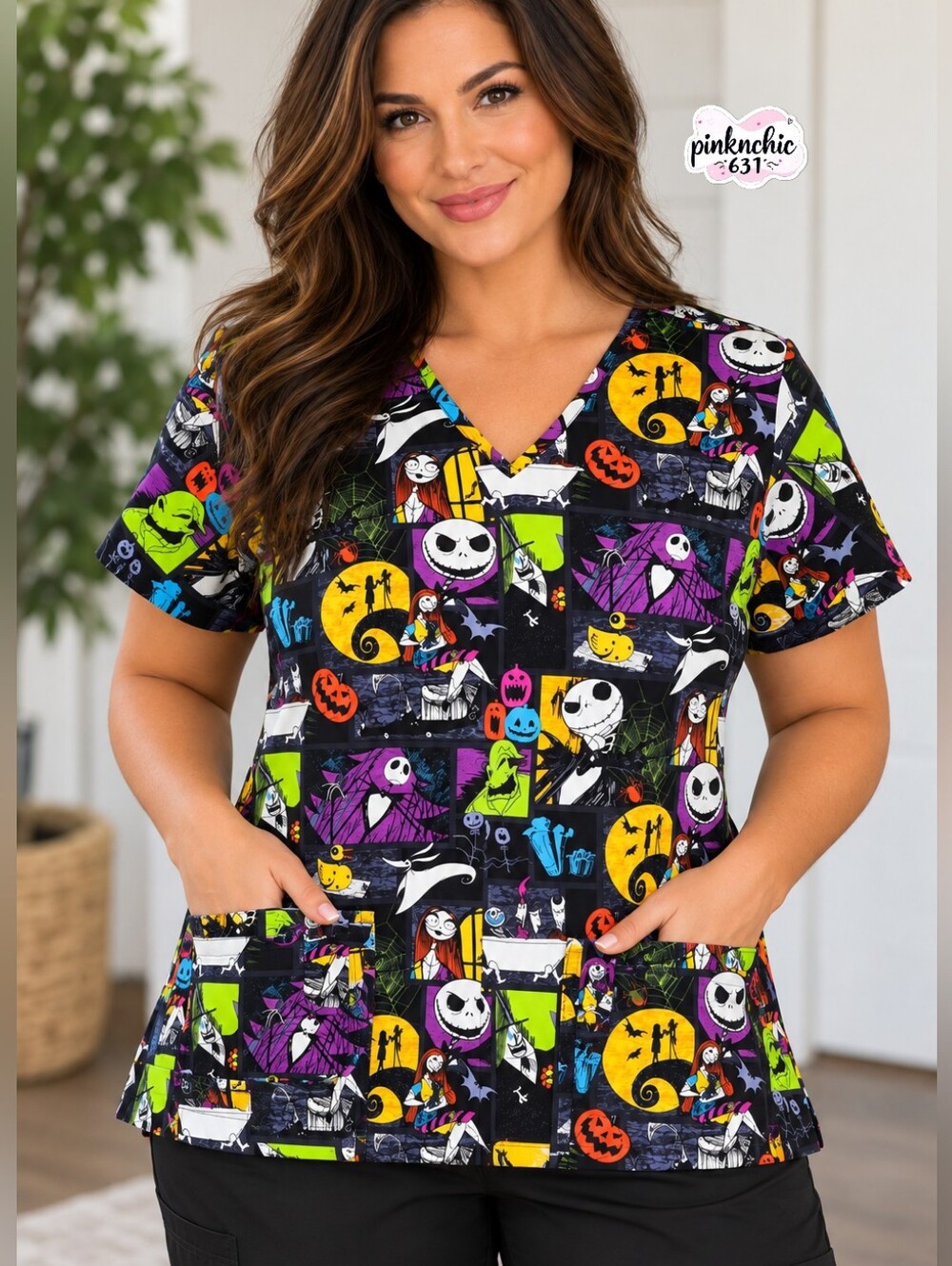 Disney Nightmare Before Christmas Jack Skellington Halloween Scrub Tunic Top XL